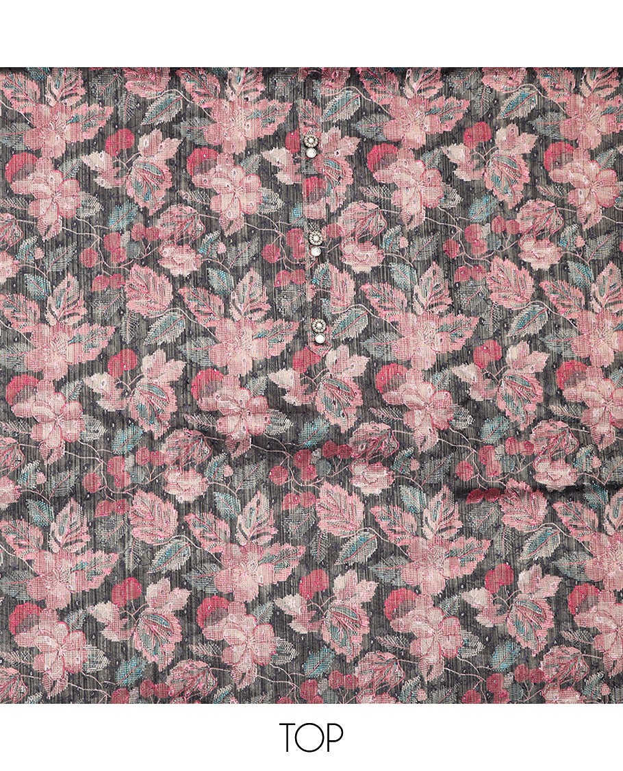 Grey material chudidar set, floral printed, and embroidered top, contrast plain bottom, and sequins striped dupatta