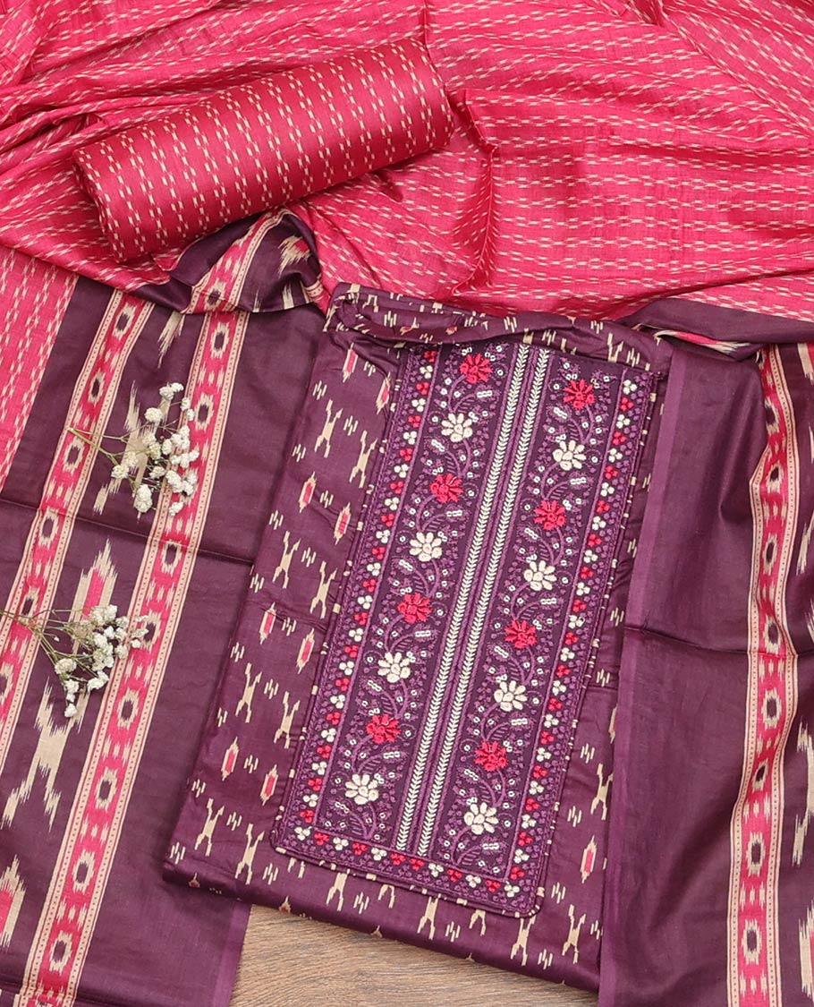 Purple Material Chudidar Set, Ornamented with Ikkat-Style Buttas Printed and Neck Embroidery Cotton Top, Complemented by Contrast Printed Cotton Bottom, and Paired with Ikkat-Style Printed Cotton Dupatta
