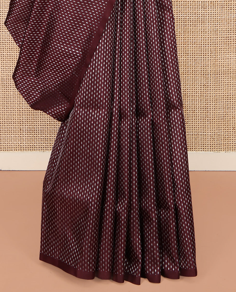 Borderless Brown Venkatagiri Silk Saree, Steeped with Buttas All Over Its Body, Complemented by a Captivating Contrast Pallu of Jaal Designs, and Paired with a Contrast Blouse