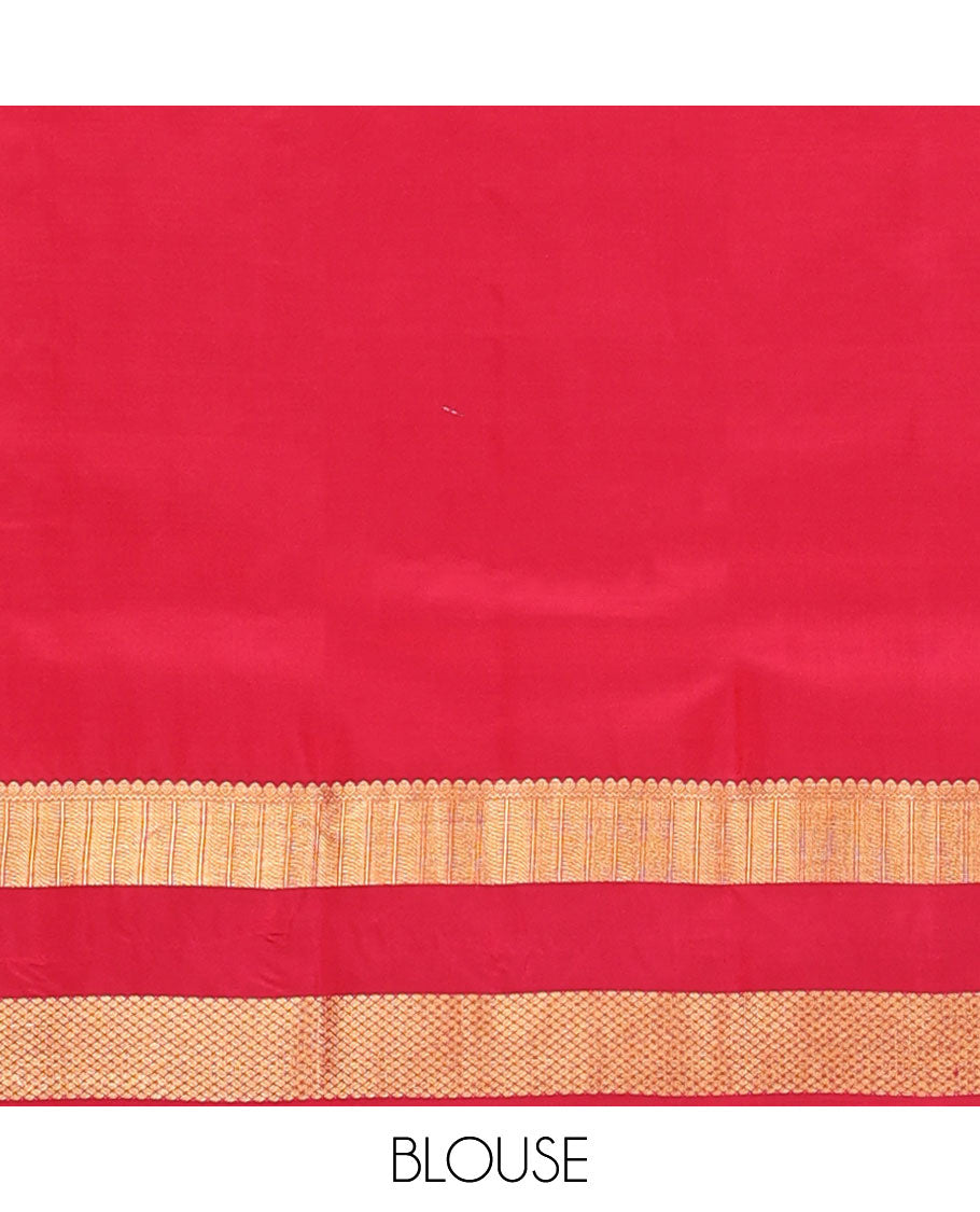 Orange zari buttas vasundhara elite silk saree, contrast rettai pettu zari border of thilakam, neli & paiyadi kann & intricate pallu