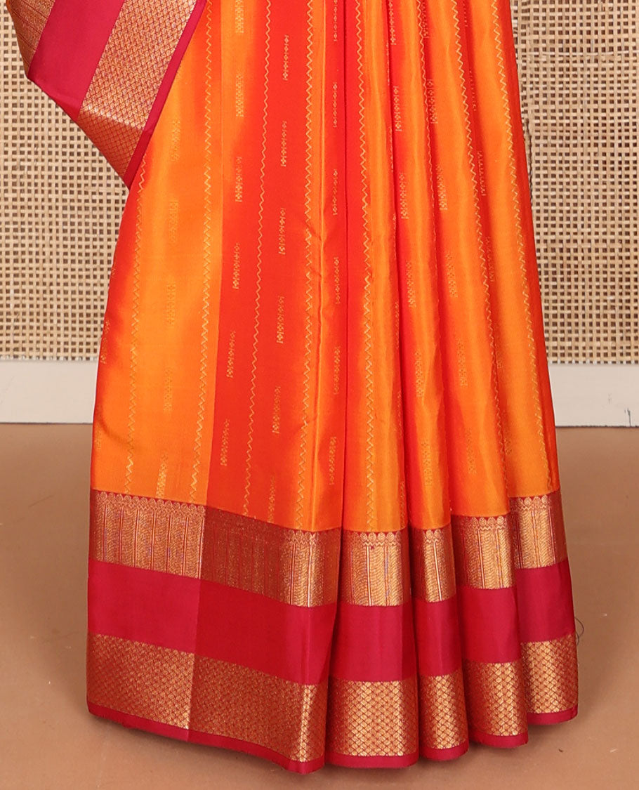 Orange zari buttas vasundhara elite silk saree, contrast rettai pettu zari border of thilakam, neli & paiyadi kann & intricate pallu