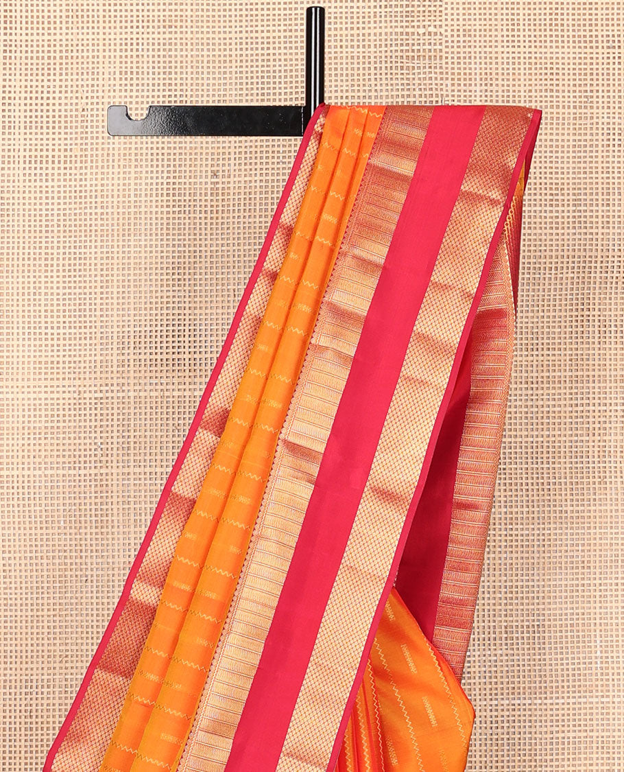 Orange zari buttas vasundhara elite silk saree, contrast rettai pettu zari border of thilakam, neli & paiyadi kann & intricate pallu
