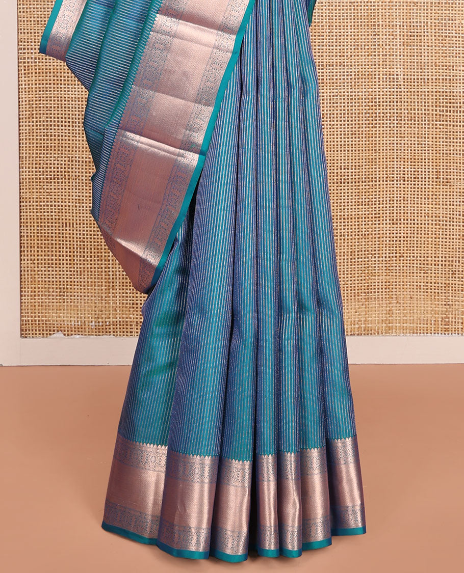 Blue Vasundhara Lite-Silk Mix Saree, Graced with Muthu Stripes, Highlighted by a Zari Border, Grand Pallu of Geometric Patterns, and Paired with a Matching Blouse