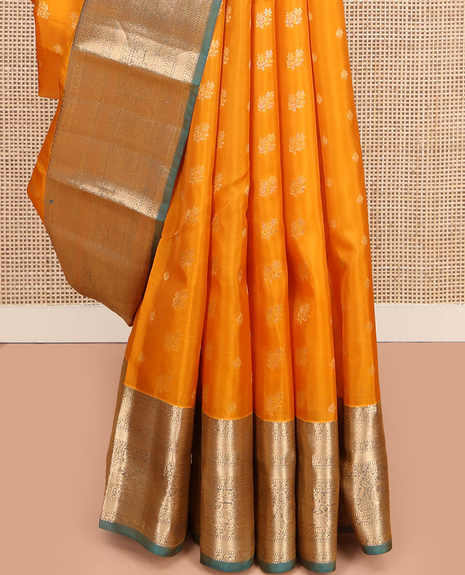 Yellow Vasundhara Lite Silk Mix Saree, Subtly Sparkled with Zari Buttas, Complemented by a Contrast Border of Muthu, Kodi Visiry, and Mayil Designs, Intricately Designed Pallu, and Paired with a Contrast Blouse