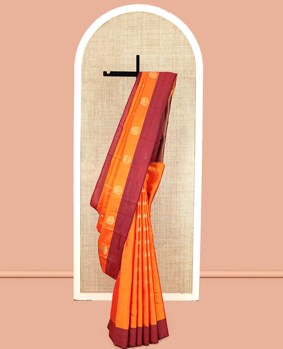 Orange Vasundhara Lite Silk Mix Saree, Enriched with Zari Buttas, Complemented by a Contrast Checked Border, Grand Jaal Pallu, and a Contrast Blouse