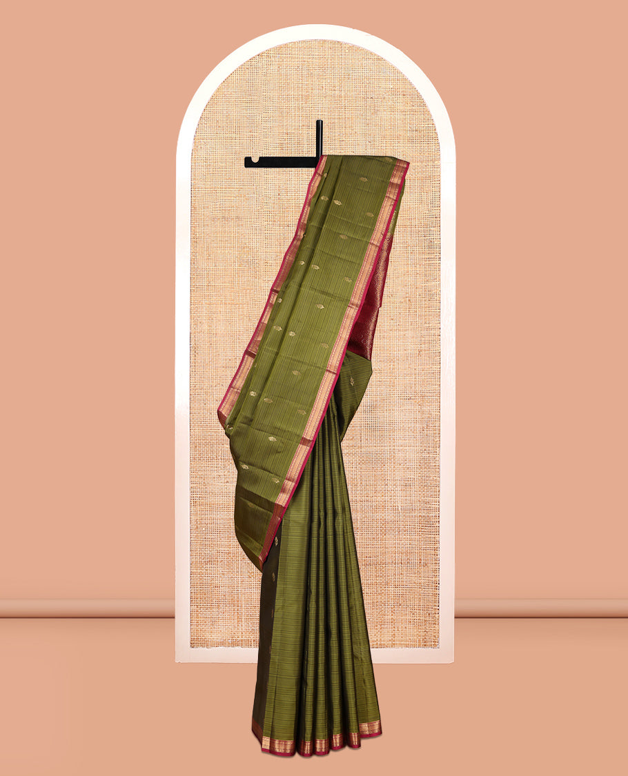 Green Zari Buttas Vasundhara Lite Silk Mix Saree, a Contrast Kamalam-Vanki Border, Jaal Pallu, Contrast Blouse