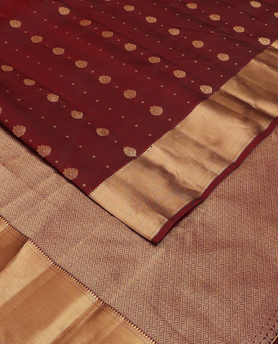 Maroon zari buttas vasundhara elite silksaree, zari border of rekku,neli & zari stripes & jaal pallu
