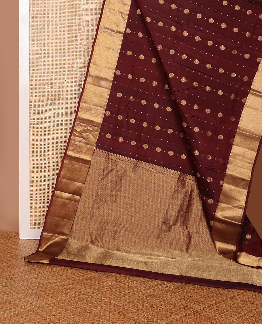 Maroon zari buttas vasundhara elite silksaree, zari border of rekku,neli & zari stripes & jaal pallu