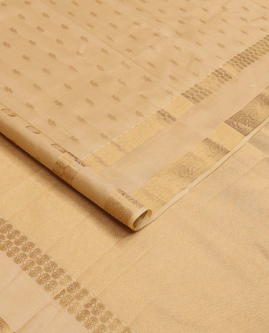 Sandal manga buttas Vasundhara silk mix saree, rettai pettu zari border of manga designs, and jaal pallu