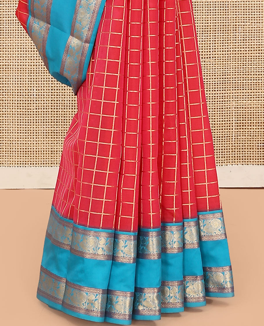 Red Vasundhara Lite Silk Mix Saree, Beautified with Zari Checked Designs on Its Body, Complemented by a Contrast Rettai Pettu Border of Cross Kamalam, Mayil, and Manga Designs, Gleaming Zari Design Pallu, and Paired with a Contrast Blouse