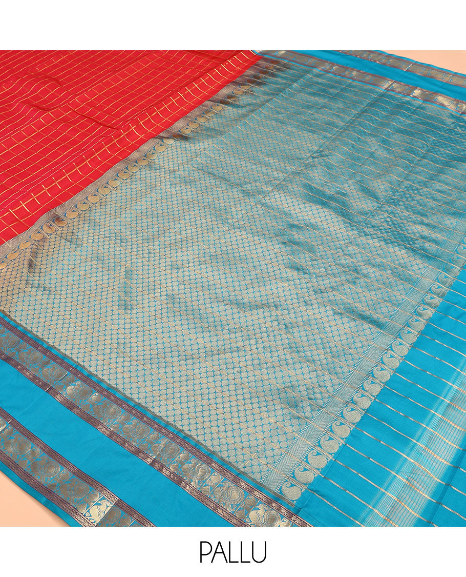 Red Vasundhara Lite Silk Mix Saree, Beautified with Zari Checked Designs on Its Body, Complemented by a Contrast Rettai Pettu Border of Cross Kamalam, Mayil, and Manga Designs, Gleaming Zari Design Pallu, and Paired with a Contrast Blouse