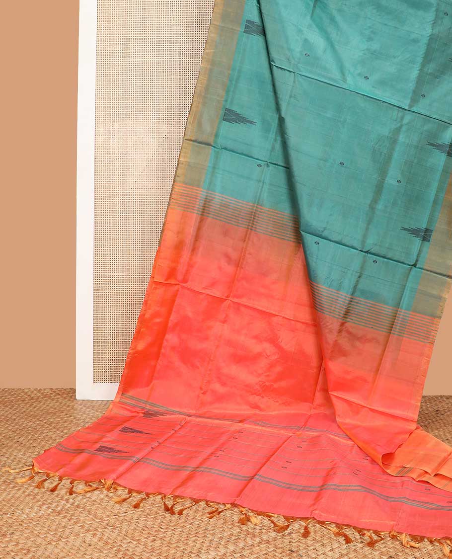 Sea blue motifs banana pith saree with contrast border & striped, motifs pallu