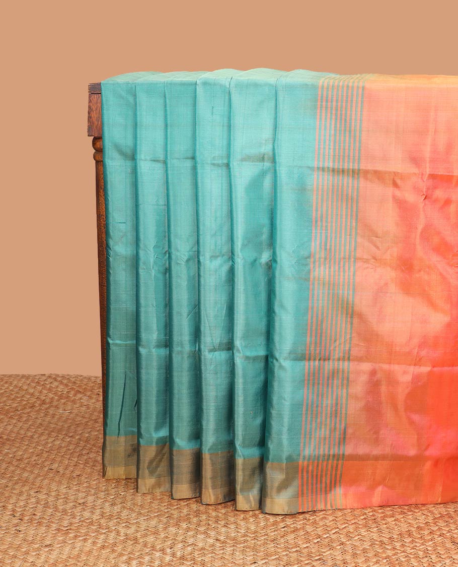 Sea blue motifs banana pith saree with contrast border & striped, motifs pallu