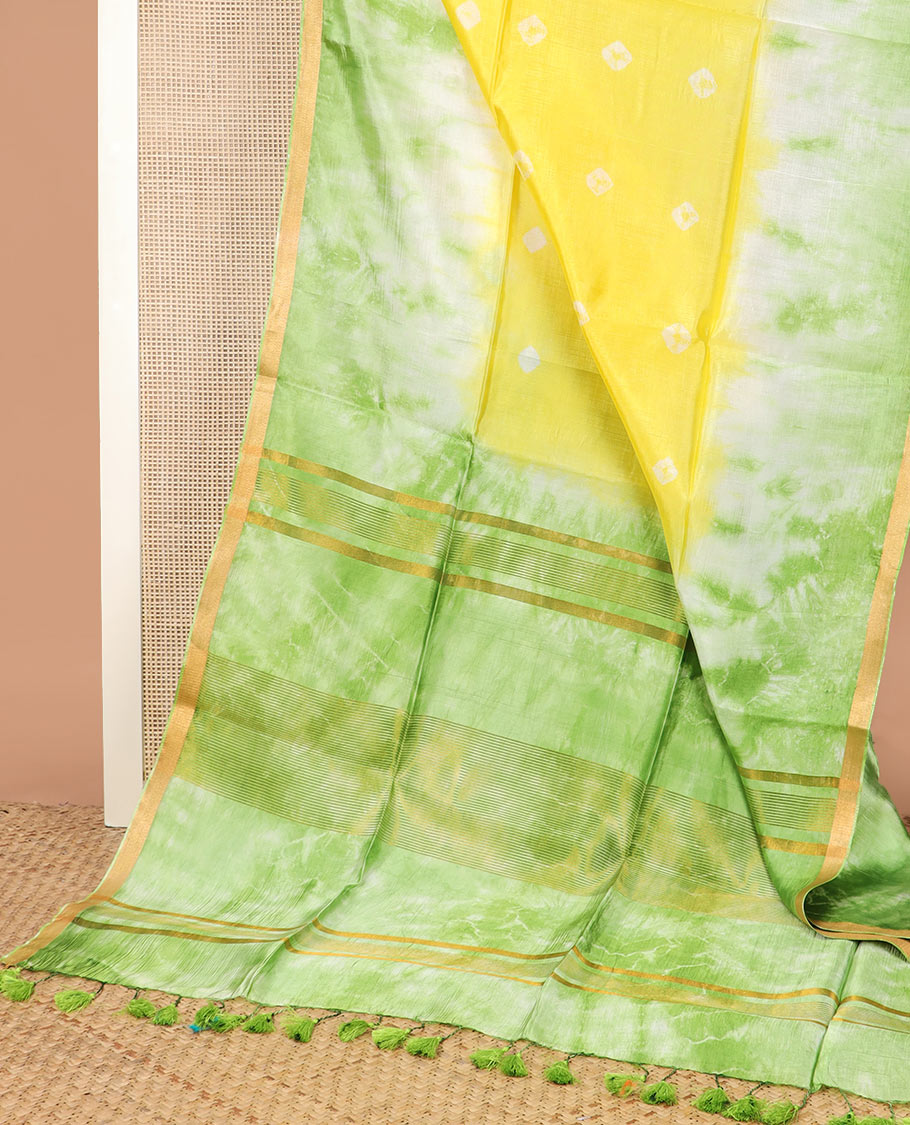 Yellow shibori printed banana pith saree, contrast shibori printed with zari border, and shibori printed pallu