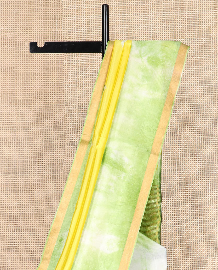 Yellow shibori printed banana pith saree, contrast shibori printed with zari border, and shibori printed pallu