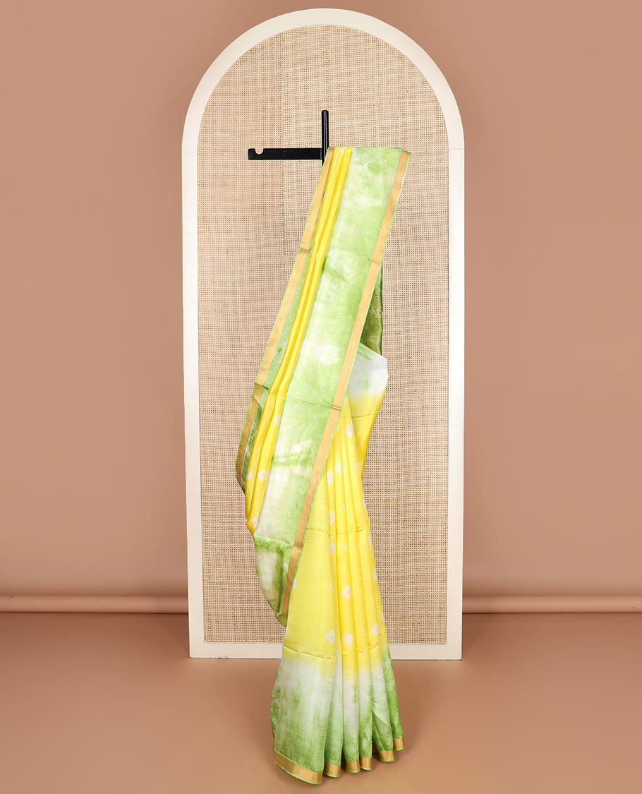 Yellow shibori printed banana pith saree, contrast shibori printed with zari border, and shibori printed pallu