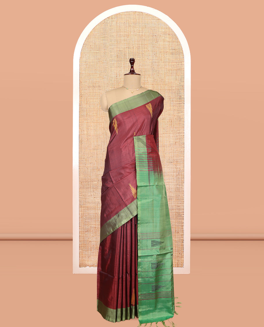 Maroon Banana Pith Saree, Woven with Temple Buttas, a Contrast Border, Pallu of Stripes and Temple Design, and a Contrast Blouse
