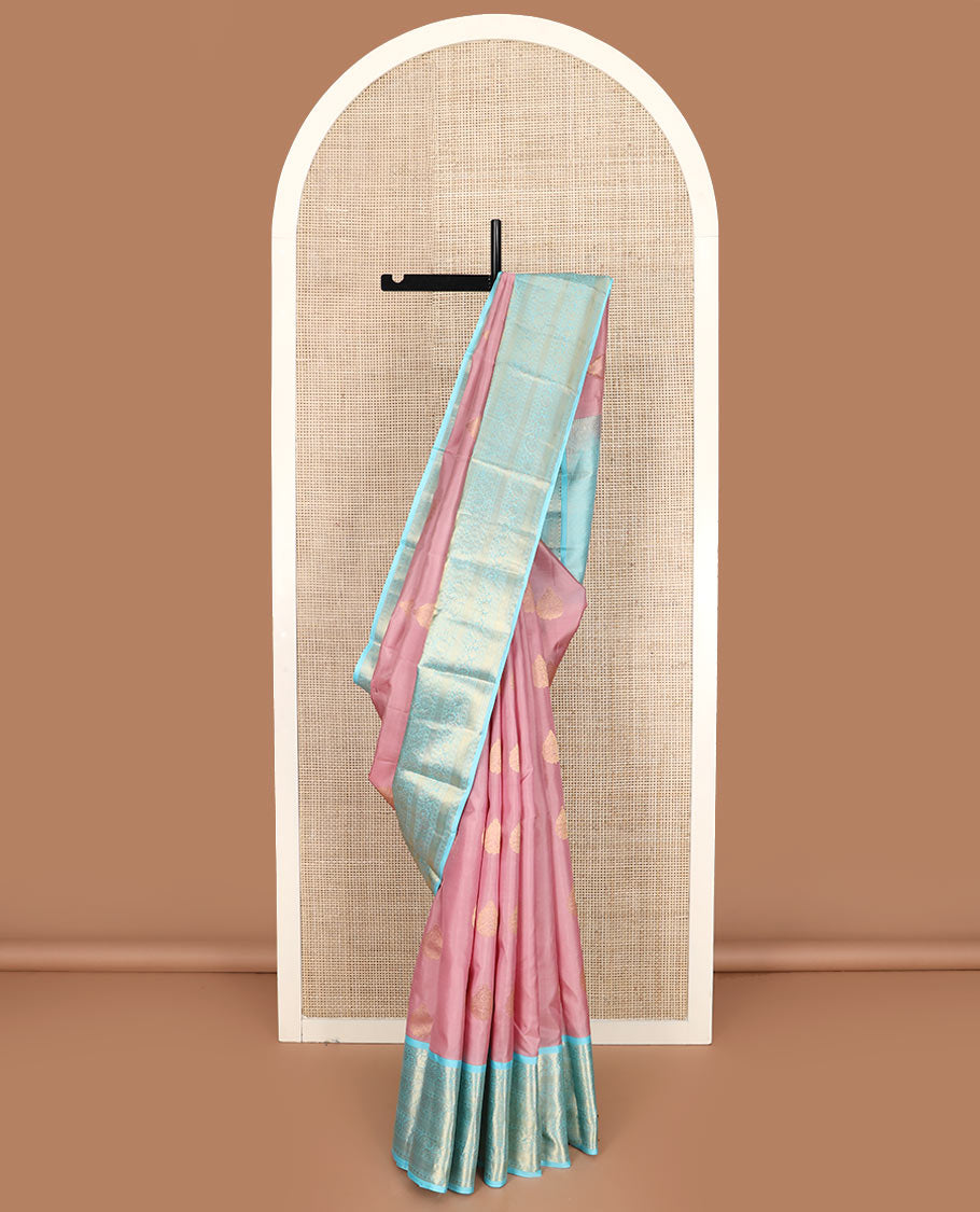 Pink zari buttas Vasundhara silk saree, contrast border of kodi visiry, and kodi manga designs, and jaal pallu