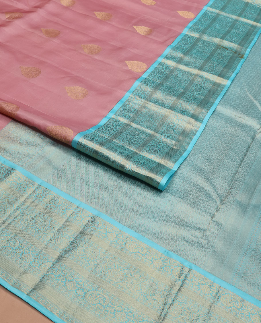 Pink zari buttas Vasundhara silk saree, contrast border of kodi visiry, and kodi manga designs, and jaal pallu
