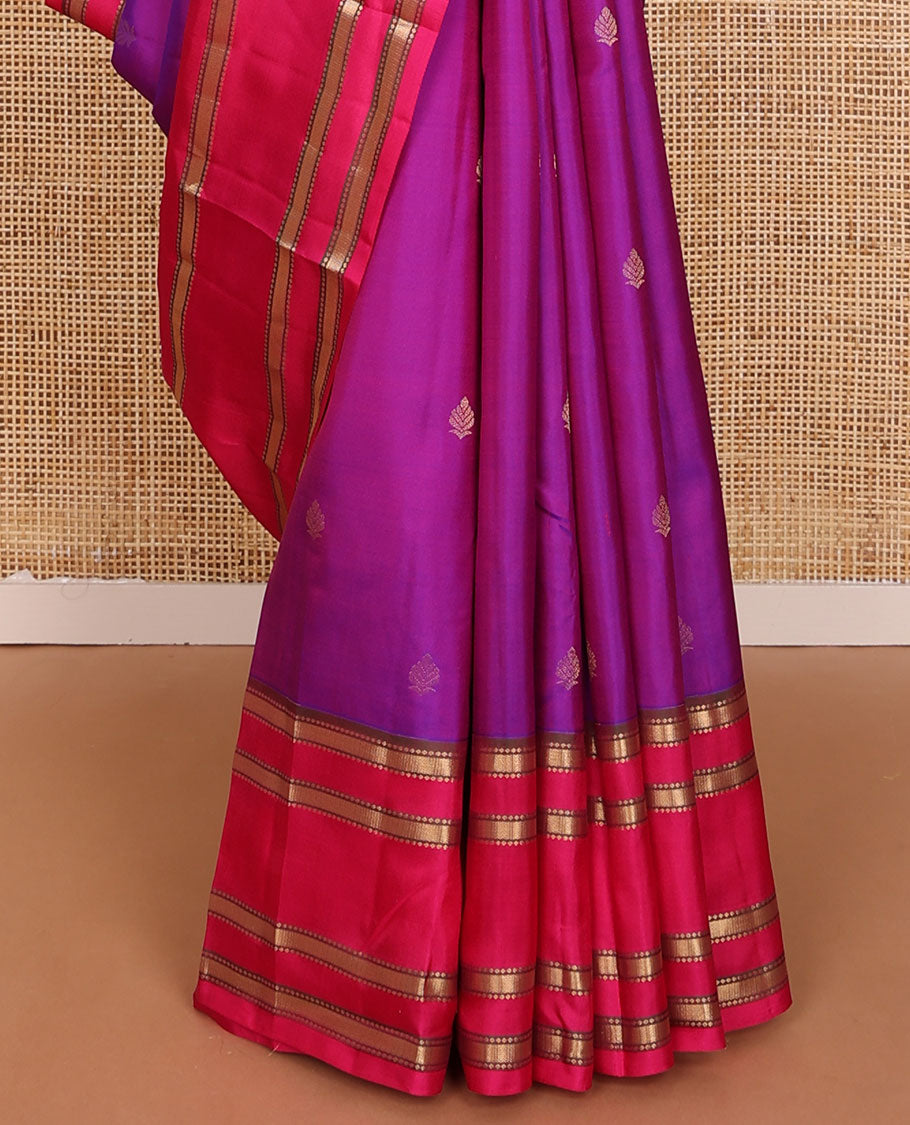 Purple zari buttas silk saree, contrast jaal pallu & zari rettai pettu border of traditional zari designs
