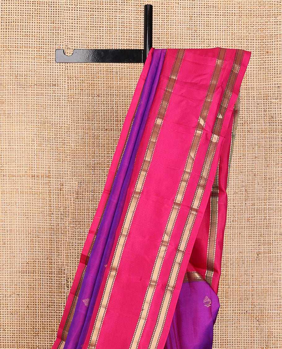 Purple zari buttas silk saree, contrast jaal pallu & zari rettai pettu border of traditional zari designs