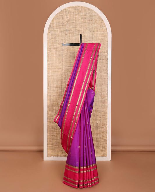 Purple zari buttas silk saree, contrast jaal pallu & zari rettai pettu border of traditional zari designs