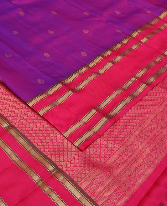 Purple zari buttas silk saree, contrast jaal pallu & zari rettai pettu border of traditional zari designs