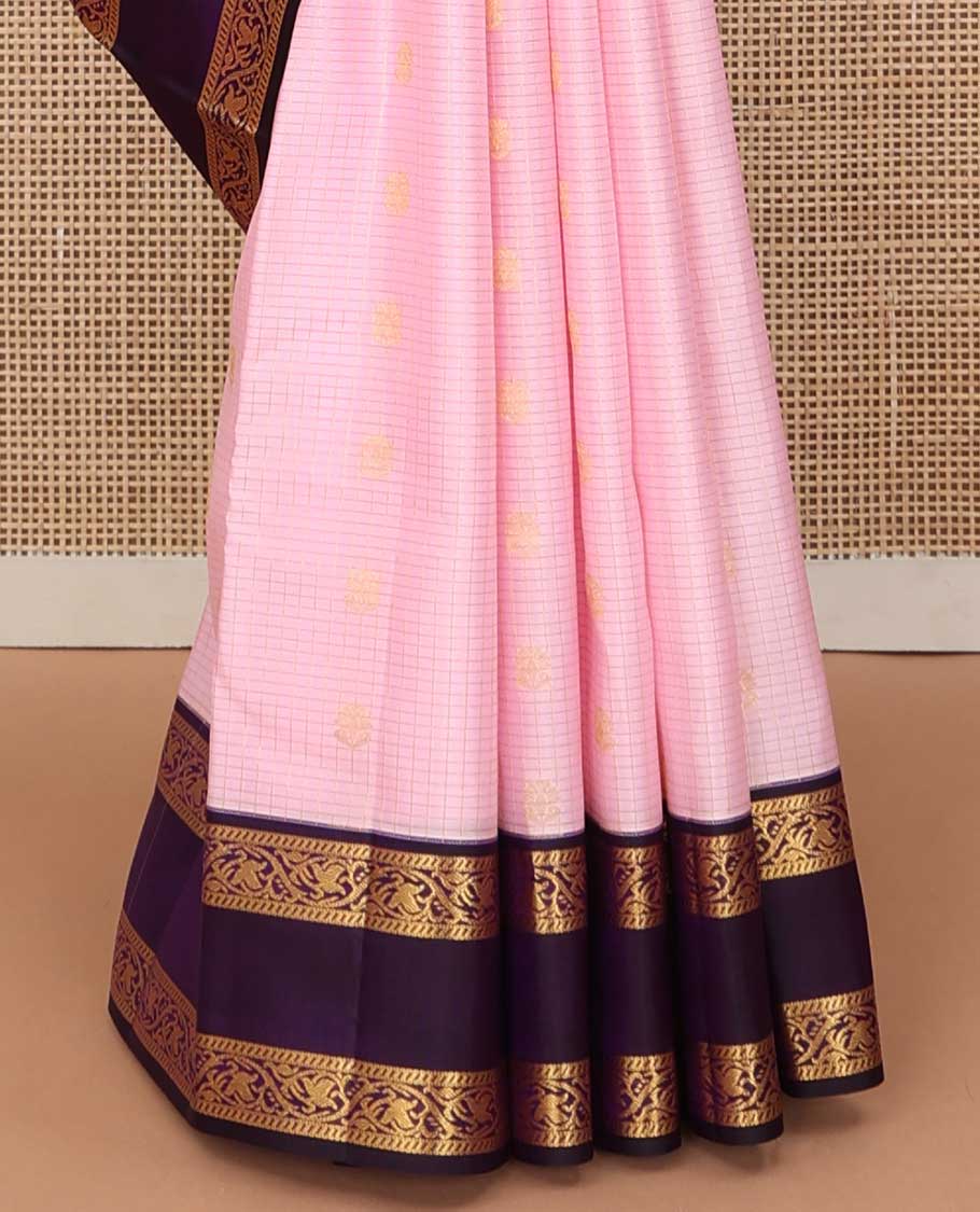 Baby pink zari buttas and checks silk saree, contrast rettai pettu border of banaras, and kodi visiry designs, and jaal pallu