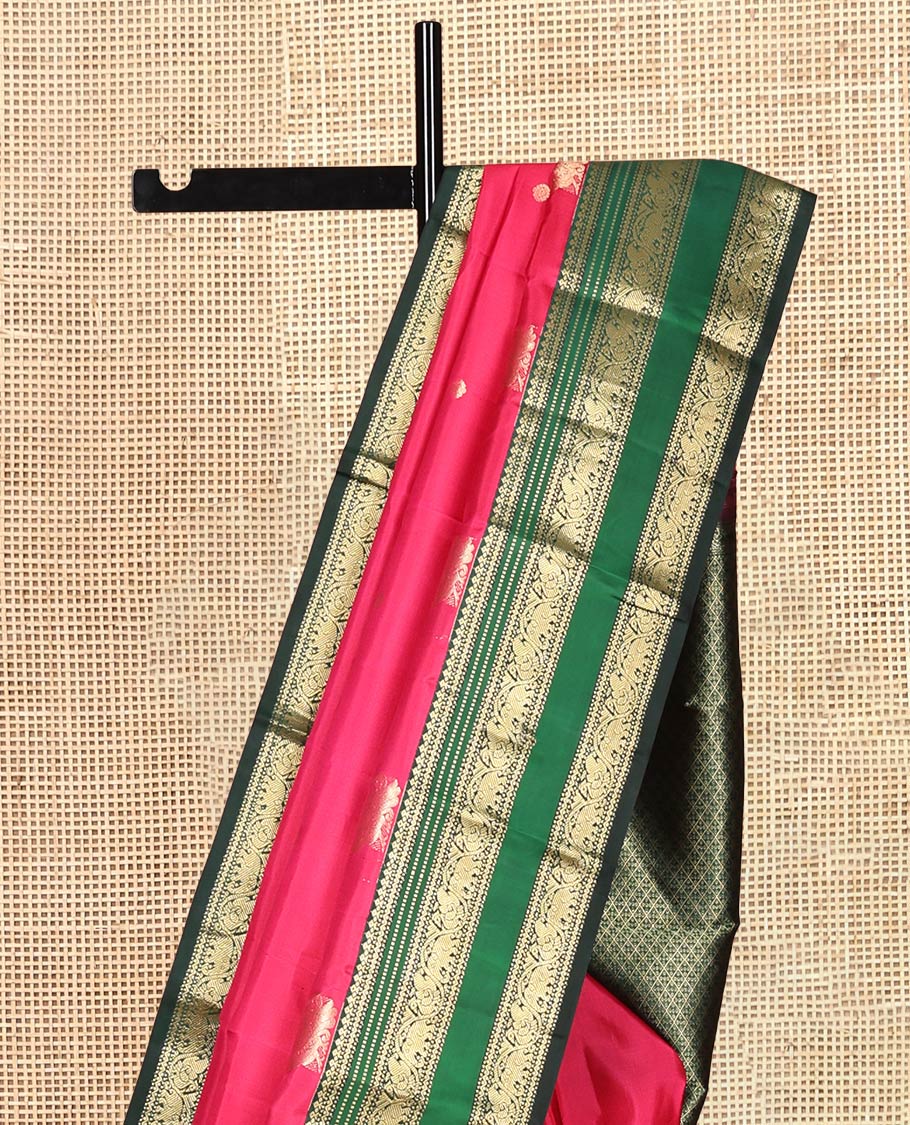 Red Vasundhara Silk Saree, Enriched with Zari Buttas, Contrast Border of Salngai, Muthu, Salngai, and Kofi Yaanai and Mayil Designs, Jaal Pallu, and Contrast Blouse
