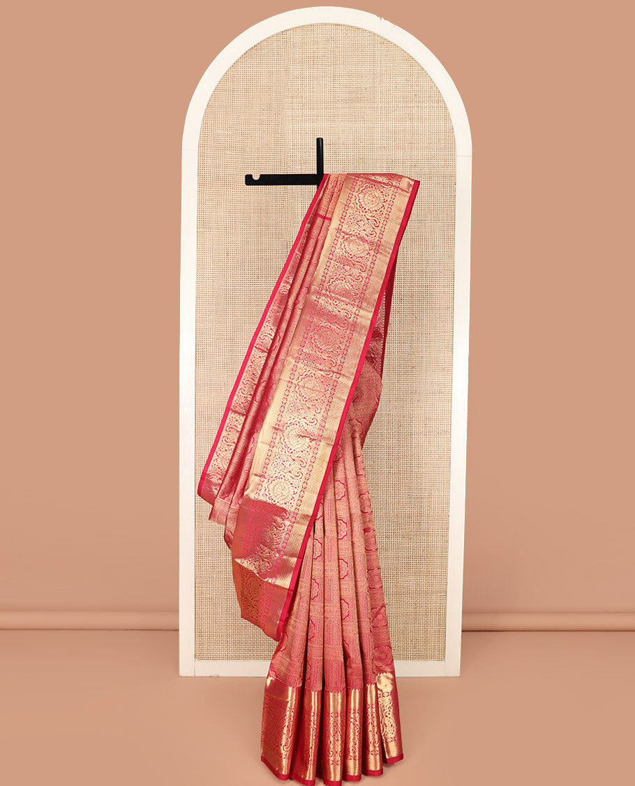 Red Kanchipuram Silk Saree Artfully Detailed with Jacquard Design, Highlighted with Zari Border of Thilakam, Muthu, Mayil Kann, Diamond, and Kamalam Designs, Gracefully Embellished Pallu, and Paired with a Matching Blouse