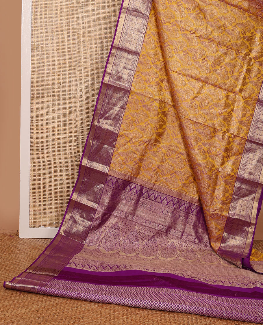 Yellow meenakari jacquard wedding silk saree, contrast border of rekku, vangi, mayil kann & geometric patterns & intricate pallu