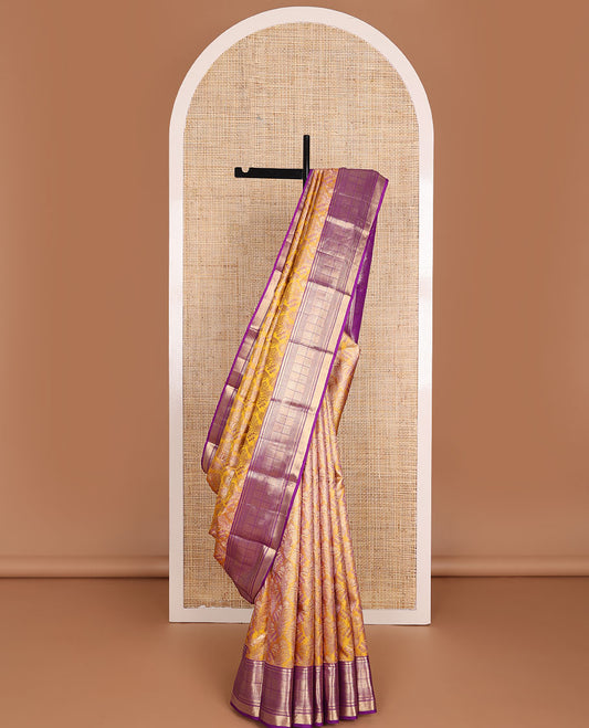 Yellow meenakari jacquard wedding silk saree, contrast border of rekku, vangi, mayil kann & geometric patterns & intricate pallu