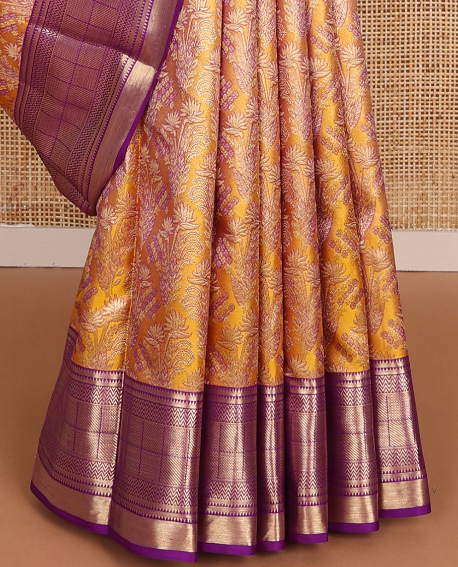 Yellow meenakari jacquard wedding silk saree, contrast border of rekku, vangi, mayil kann & geometric patterns & intricate pallu
