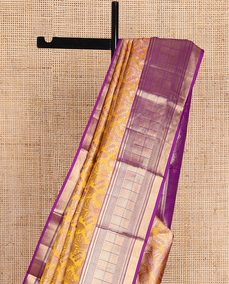 Yellow meenakari jacquard wedding silk saree, contrast border of rekku, vangi, mayil kann & geometric patterns & intricate pallu