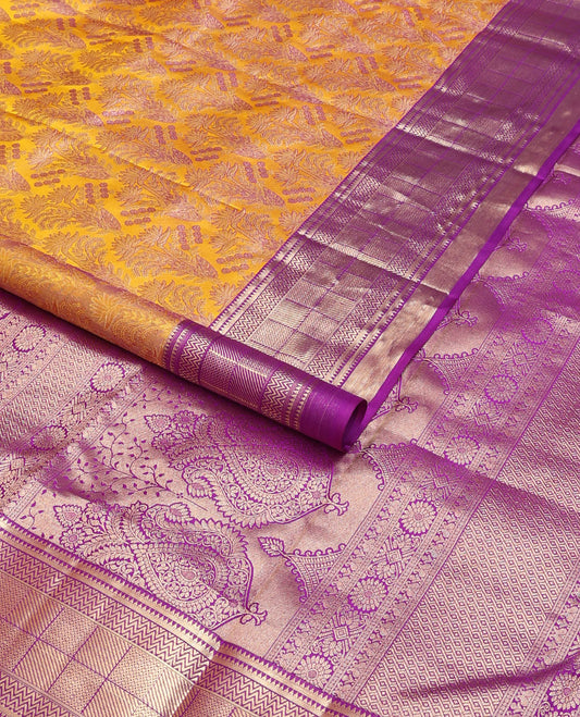 Yellow meenakari jacquard wedding silk saree, contrast border of rekku, vangi, mayil kann & geometric patterns & intricate pallu