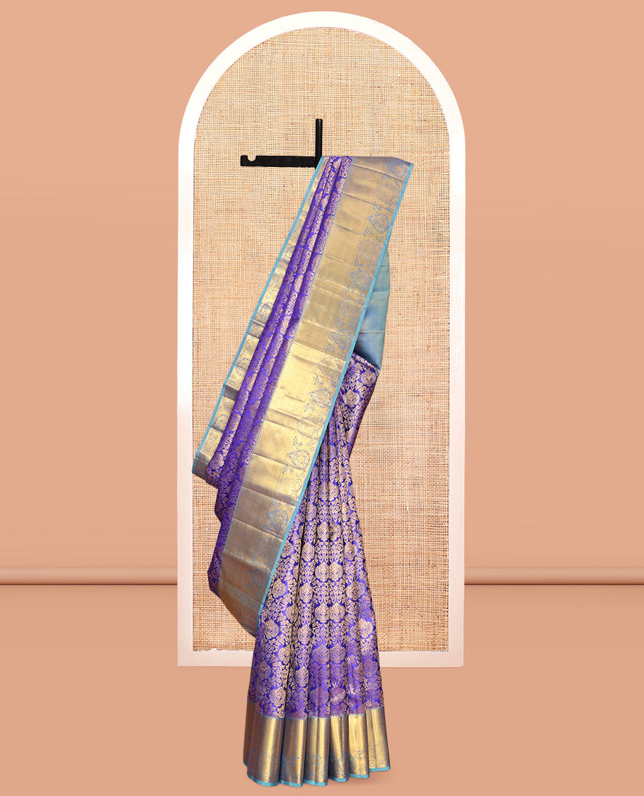 Blue Kanchipuram Wedding Silk Saree, Elegantly Framed with Jacquard Design, a Contrast Border of Traditional Designs, Grand Pallu, and a Contrast Blouse