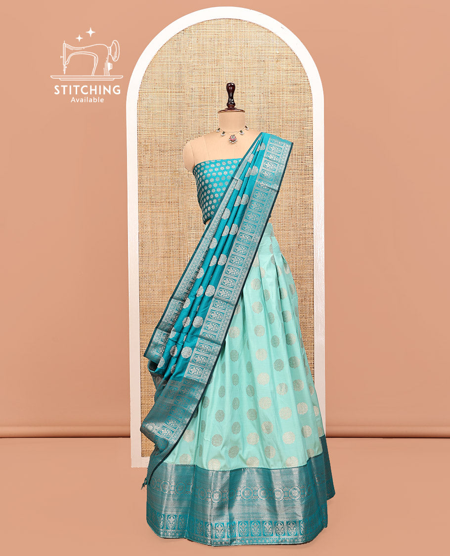 Turquoise Art Silk Half Saree, Detailed with Zari Buttas Skirt, Contrast Traditional Border, Jacquard Blouse, and a Contrast Banaras Dhavani