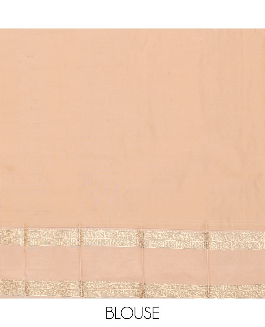 Orange Budget Silk Saree Enthralled with Zari Stripes and Zari Buttas, Highlighted with a Contrast Traditional Zari Border, Subtly Woven Jaal Pallu, and Paired with a Contrast Blouse