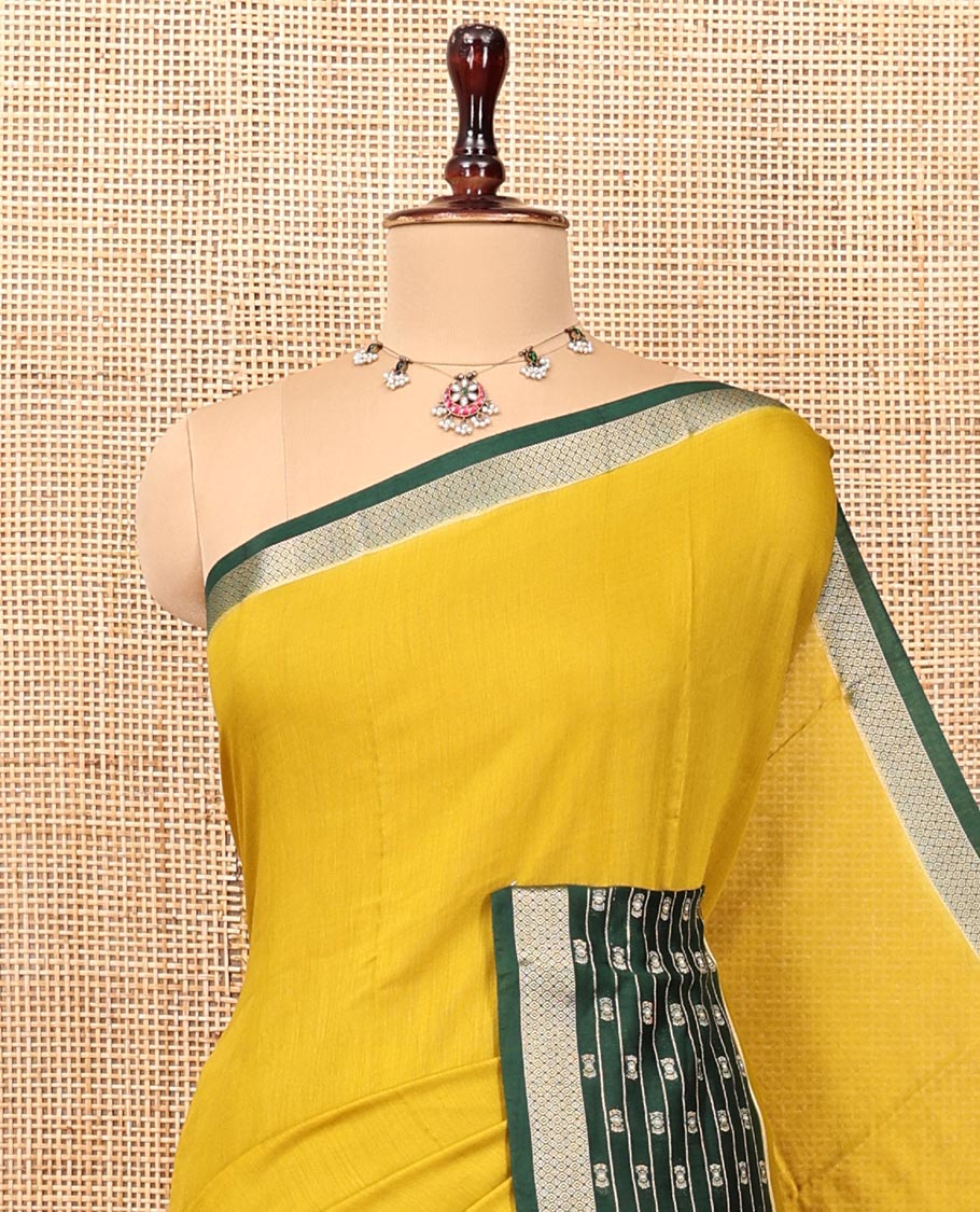 Yellow Plain Assam Silk Saree, Complemented by a Contrast Traditional Zari Border, Zari-Design Pallu, and a Contrast Blouse