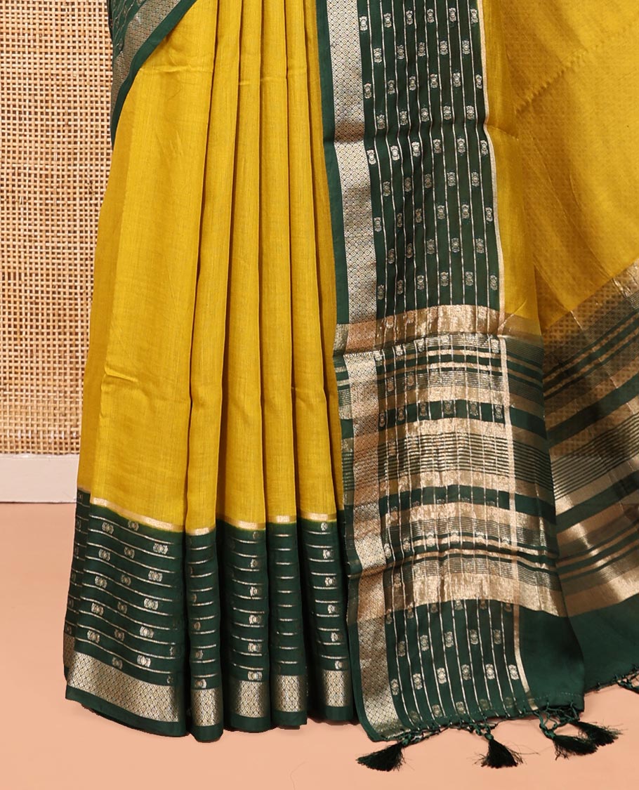 Yellow Plain Assam Silk Saree, Complemented by a Contrast Traditional Zari Border, Zari-Design Pallu, and a Contrast Blouse