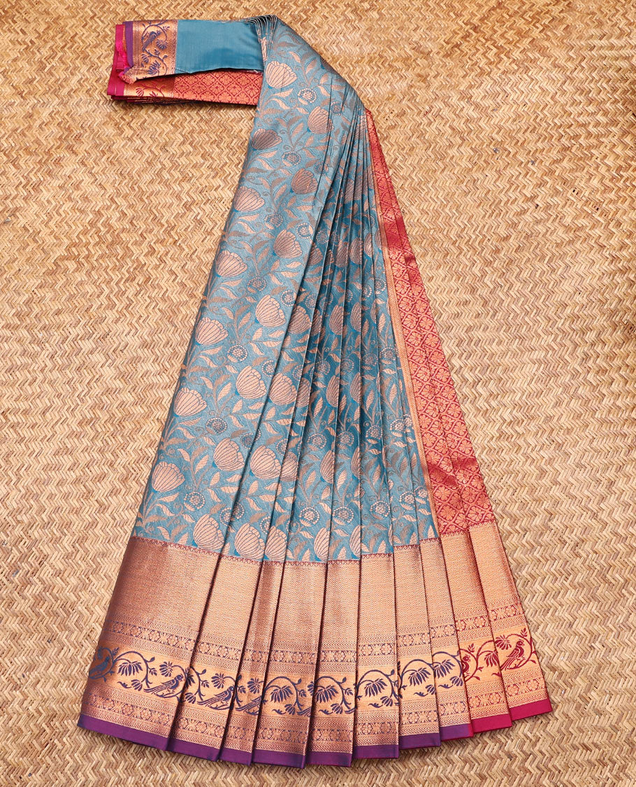Blue Budget Silk Saree, Embellished with Jacquard Design, Contrast Traditional Zari Border, Grand Jaal Pallu, and a Contrast Blouse