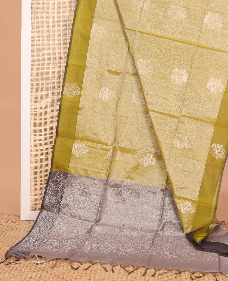 Gleaming yellow zari buttas semi-silk cotton saree, contrast zari woven border, and contrast intricate pallu