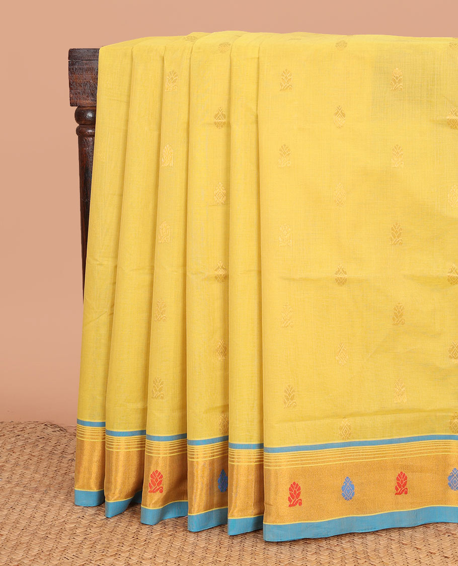Yellow buttas Venkatagiri cotton saree, contrast traditional zari border, and zari striped pallu