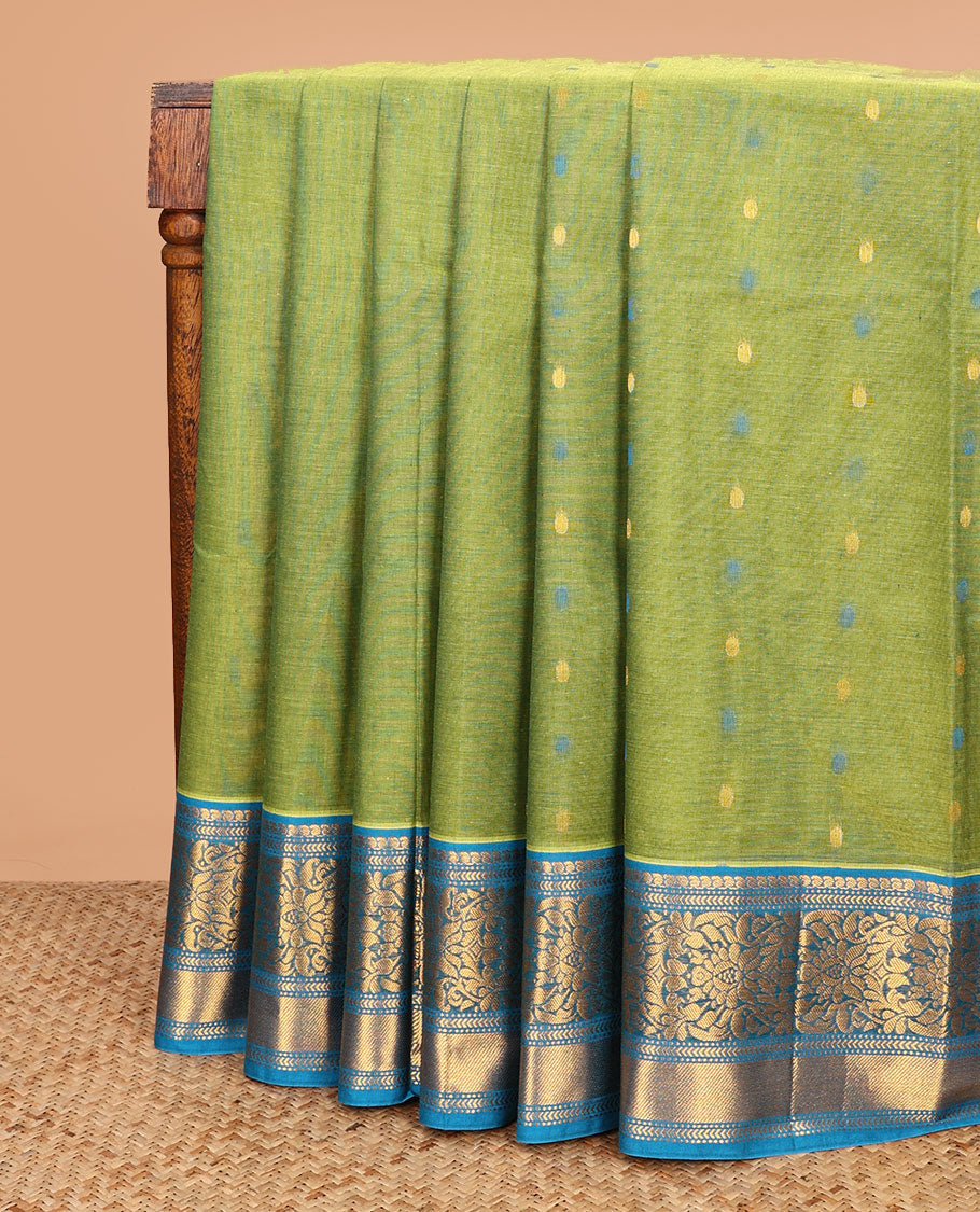 Green thread buttas Venkatagiri cotton saree, contrast zari floral design border, and jaal pallu