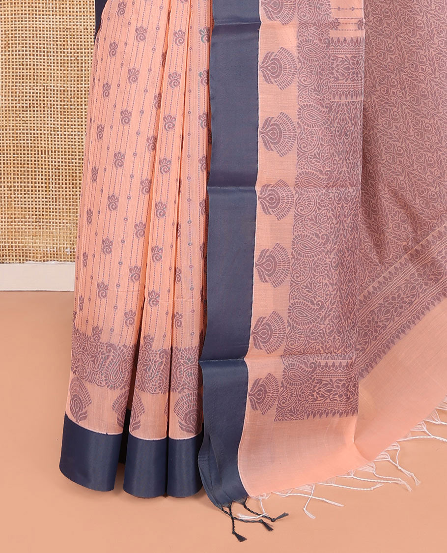 Peach Semi-Silk Cotton Saree, Detailed with Buttas and Stripes All Over Its Body, Complemented by Contrast Border, Pallu of Intricate Designs, and Paired with a Matching Blouse