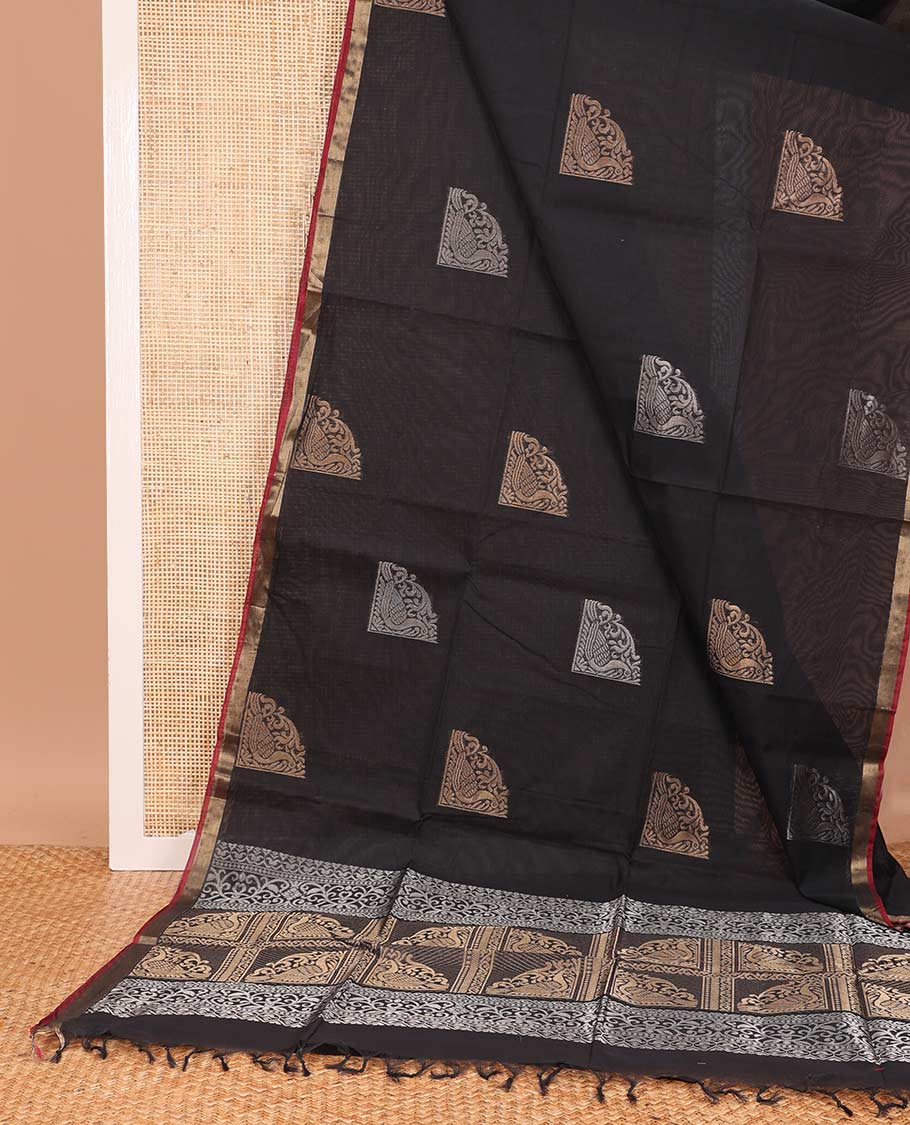 Black zari buttas Coimbatore cotton saree, zari piping border, and pallu of Mughal style peacock designs