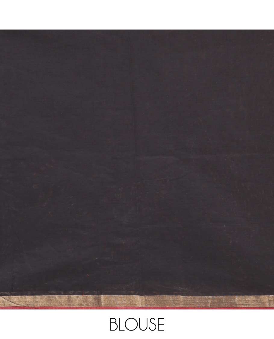 Black zari buttas Coimbatore cotton saree, zari piping border, and pallu of Mughal style peacock designs