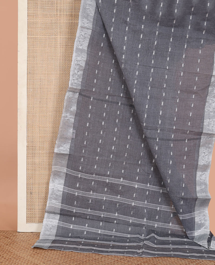 Grey Bengal Cotton Saree, Finely Woven with Buttas All Over Its Body, Complemented by Contrast Traditional Design Border, and Pallu Steeped with Stripes