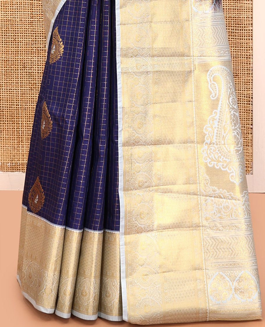 Blue Budget Silk Saree, Mesmerized with Zari Butta and Checks, Contrast Paisley Zari Border, Grand Pallu, and a Contrast Blouse