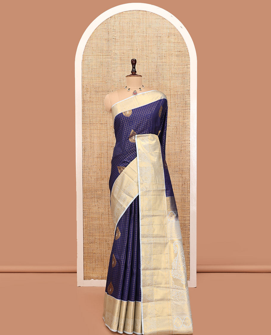Blue Budget Silk Saree, Mesmerized with Zari Butta and Checks, Contrast Paisley Zari Border, Grand Pallu, and a Contrast Blouse
